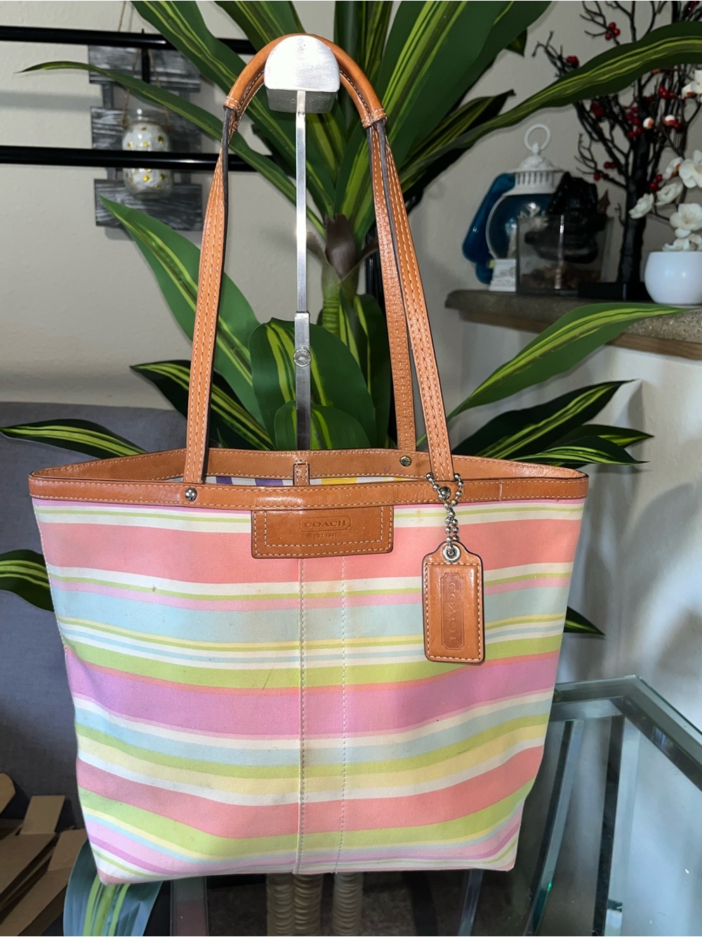 Coach Pastel Multi-Stripe Canvas Tote with Tan Leather Trim